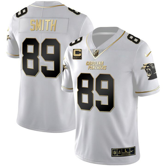 Men's Carolina Panthers #89 Steve Smith White/Gold With 4-Star C Patch Vapor Limited Stitched Football Jersey